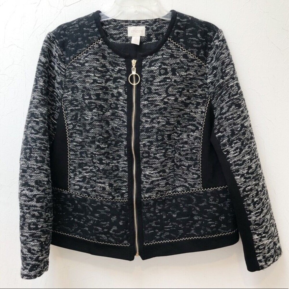 Chico's 3 Womens XL‎ Beautiful Fancy Gray/Black Blazer Jacket Zipper Closure